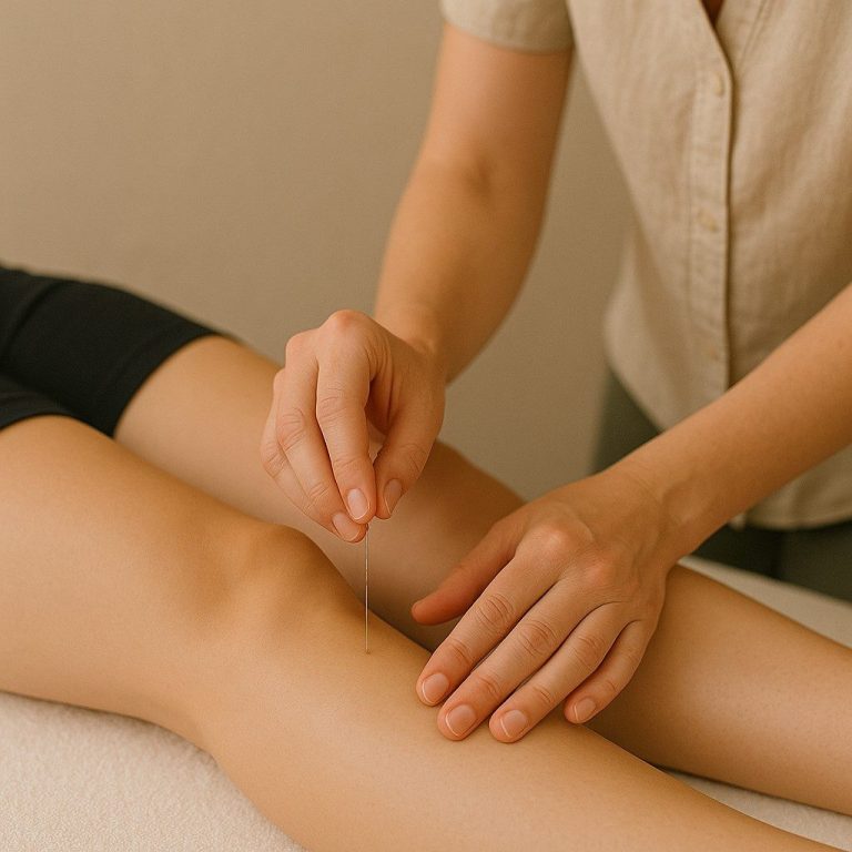 Akupunktur-Therapie in Heilpraxis Heilpraktikerin wendet Akupunktur bei Patientin im Kniebereich an.