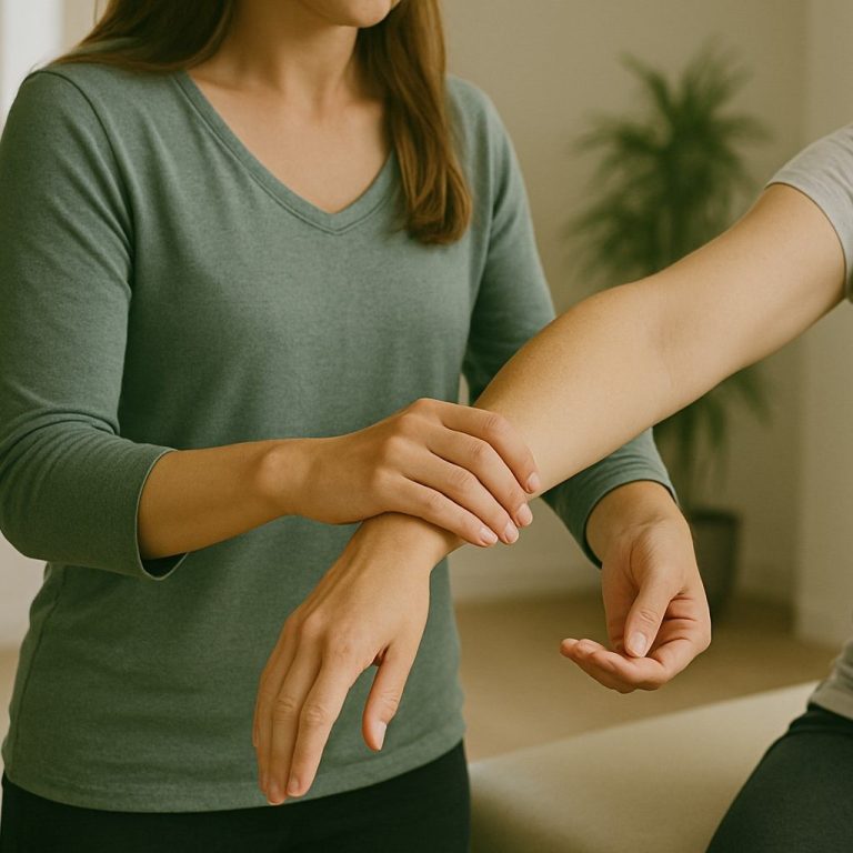 Kinesilogischer Muskeltest in der Heilpraxis Heilpraktikerin führt kinesiologischen Muskeltest bei Patientin durch.