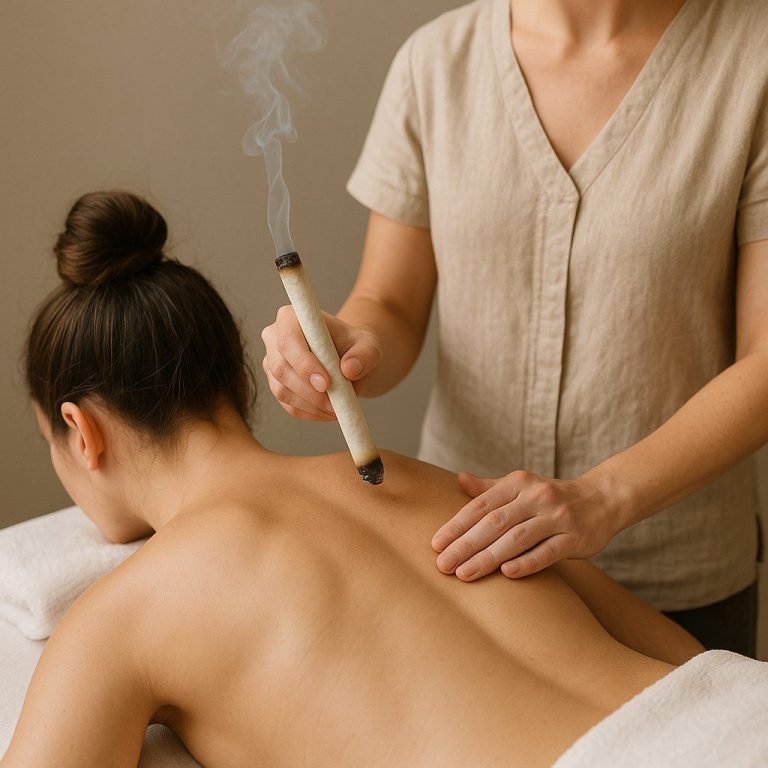 Moxibustion-Therapie in der Heilpraxis Heilpraktikerin führt Moxibustion-Therapie am Rücken einer Patientin durch